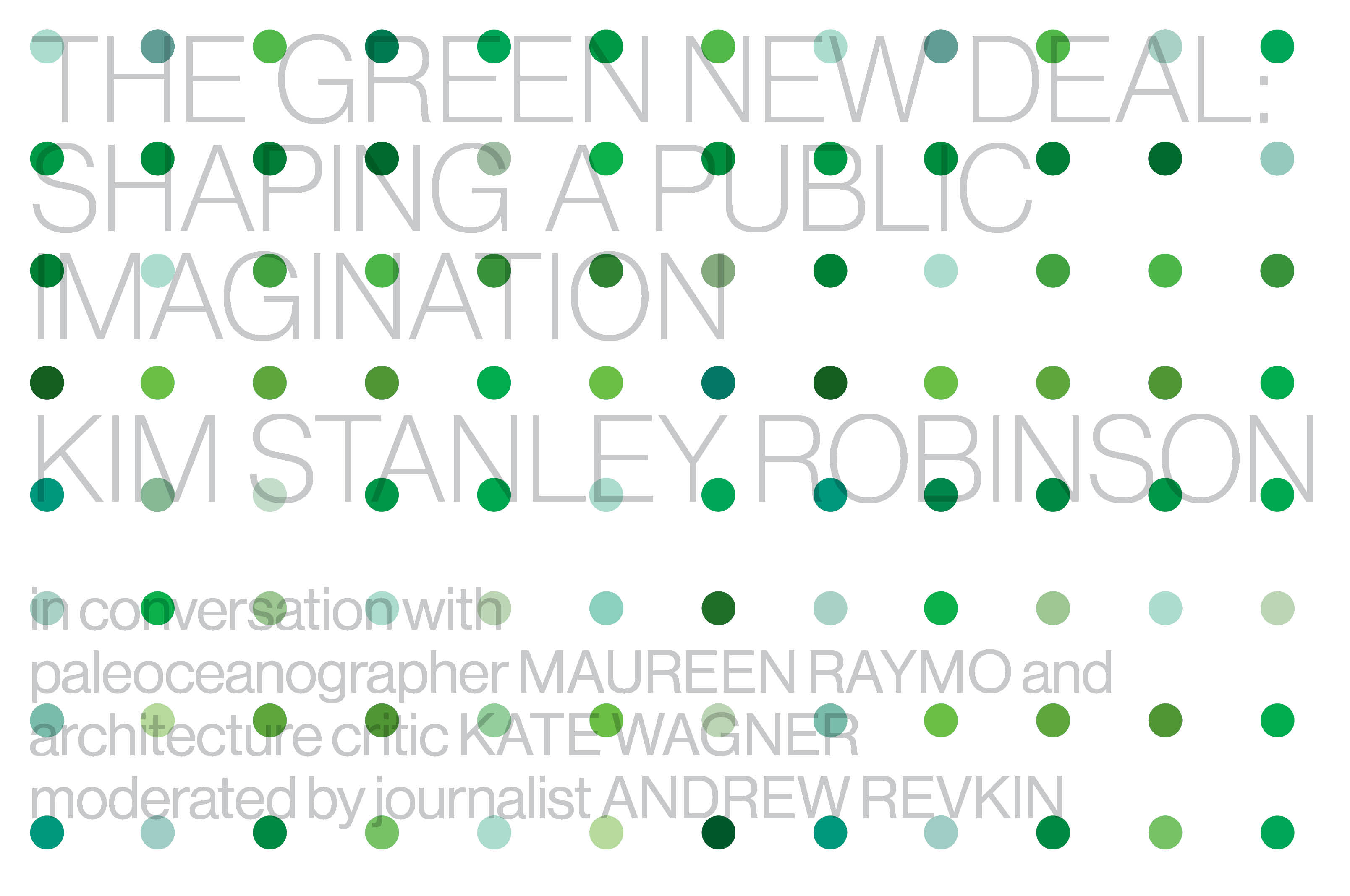 A grid of variously green dots overlay text with the event title and participant names