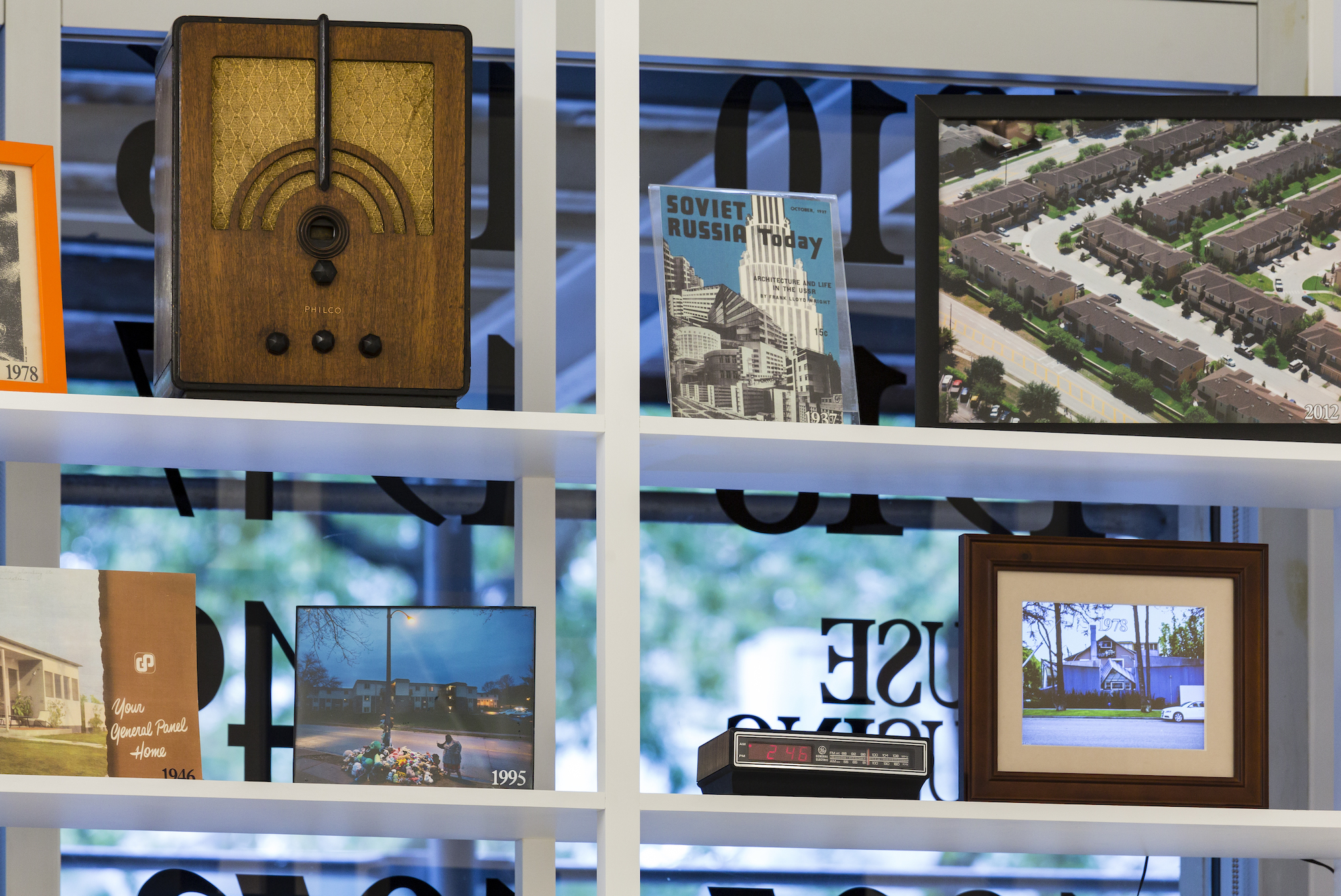 Books and objects displayed on shelves