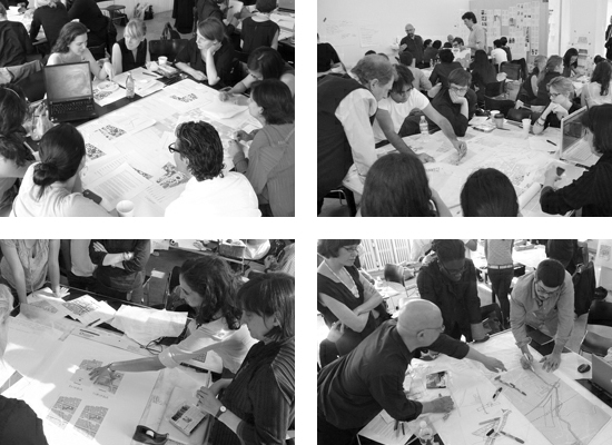 Collage of black and white photographs of people gathered around a table.