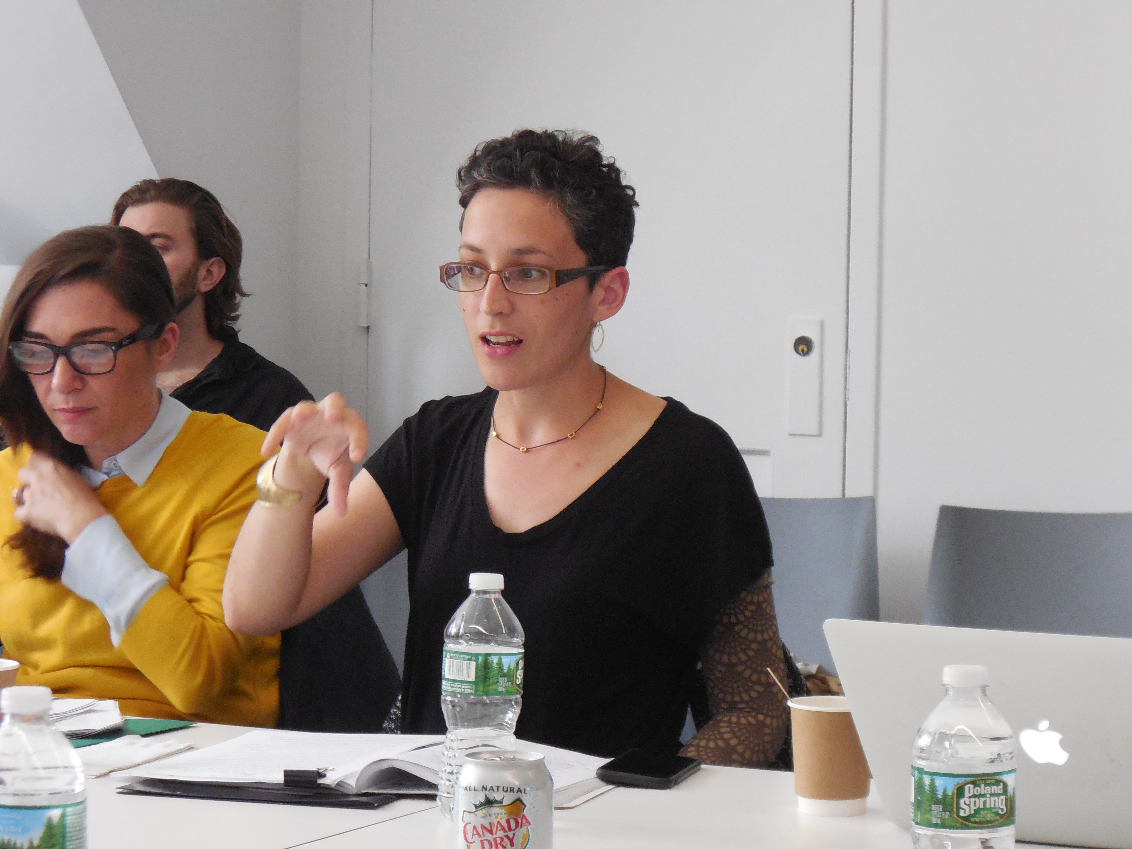 A woman speaking seated at a conference table.