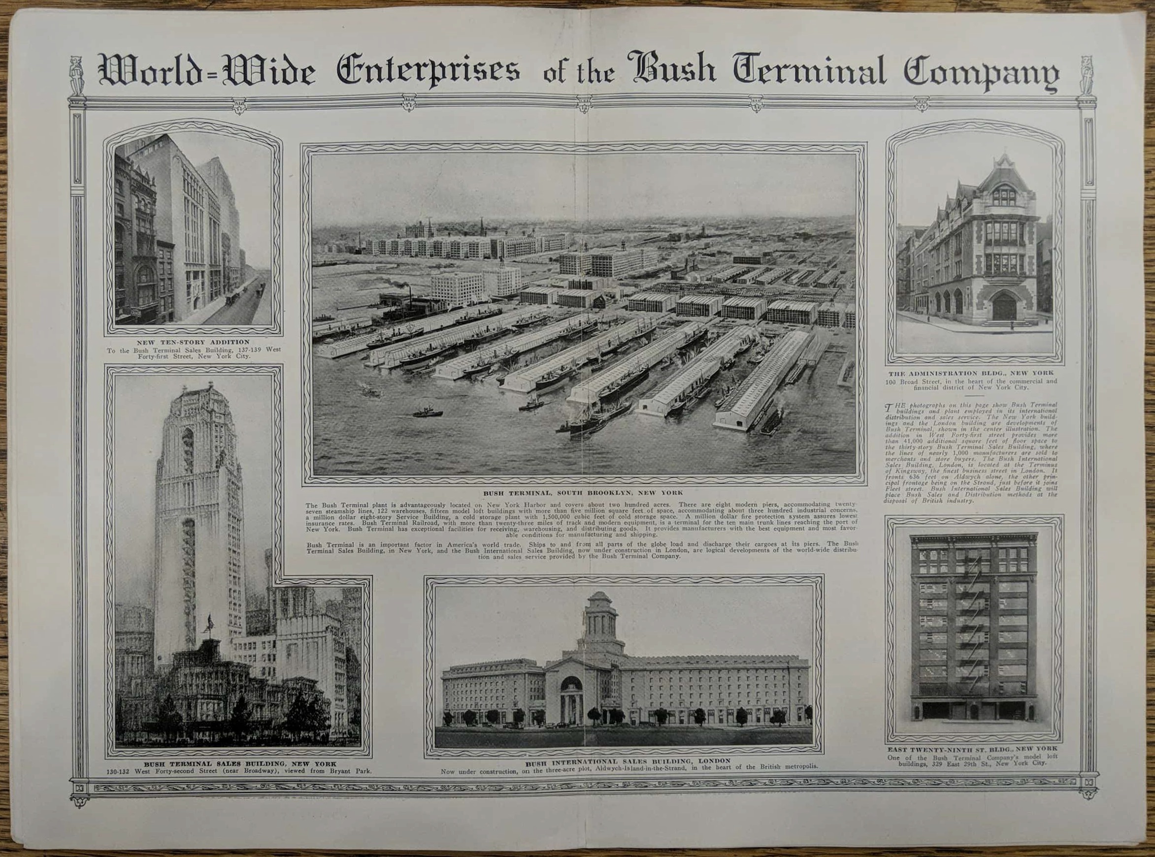 Views of Bush Terminal in South Brooklyn, Bush Terminal Sales Building in New York, and Bush Terminal International Sales Building in London. “World-Wide Enterprises of the Bush Terminal Company,” The Bush Magazine 9, no. 1 (1921): 20–21. 