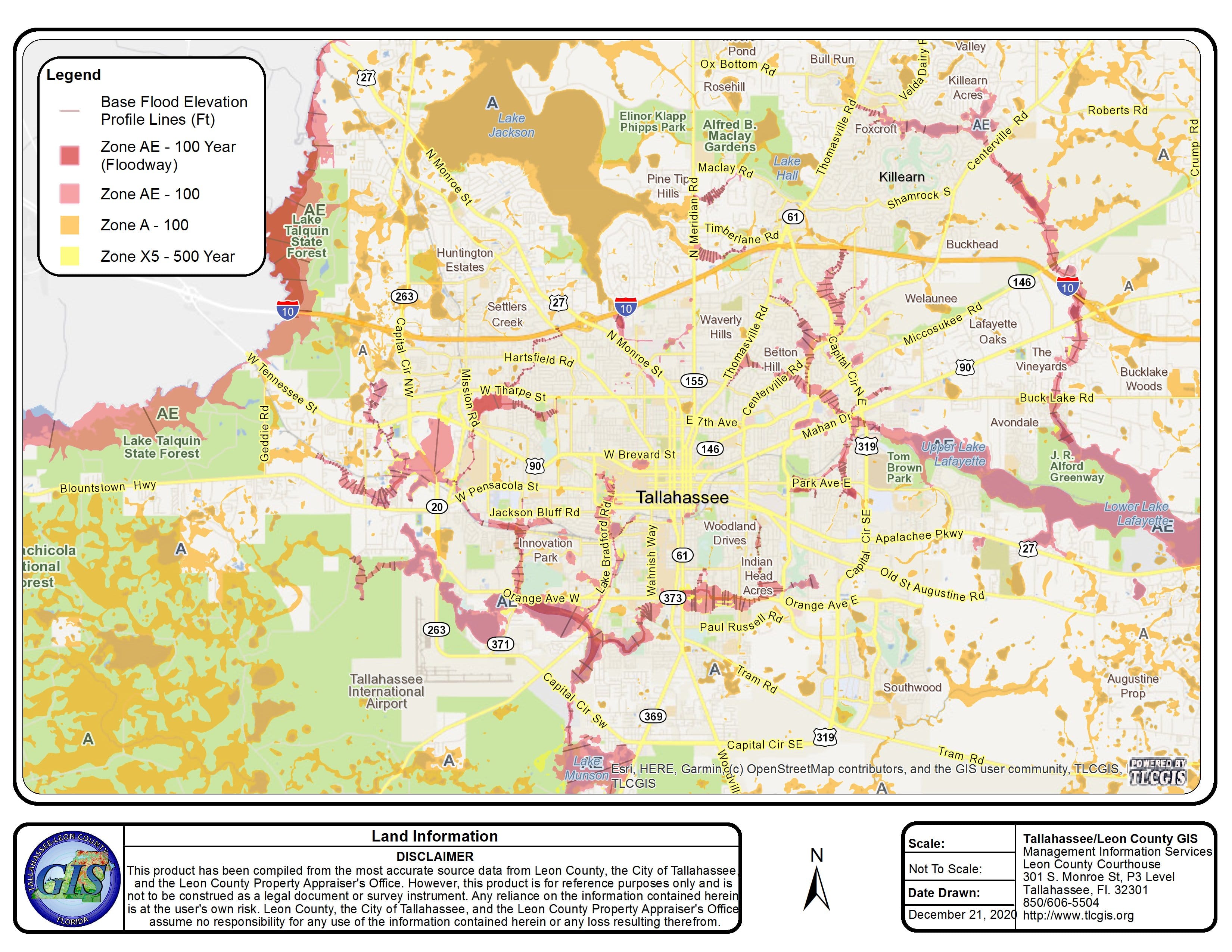 A map displaying the flood zones around Tallahassee, with four zones ranging from 500 year to 100 year floodway