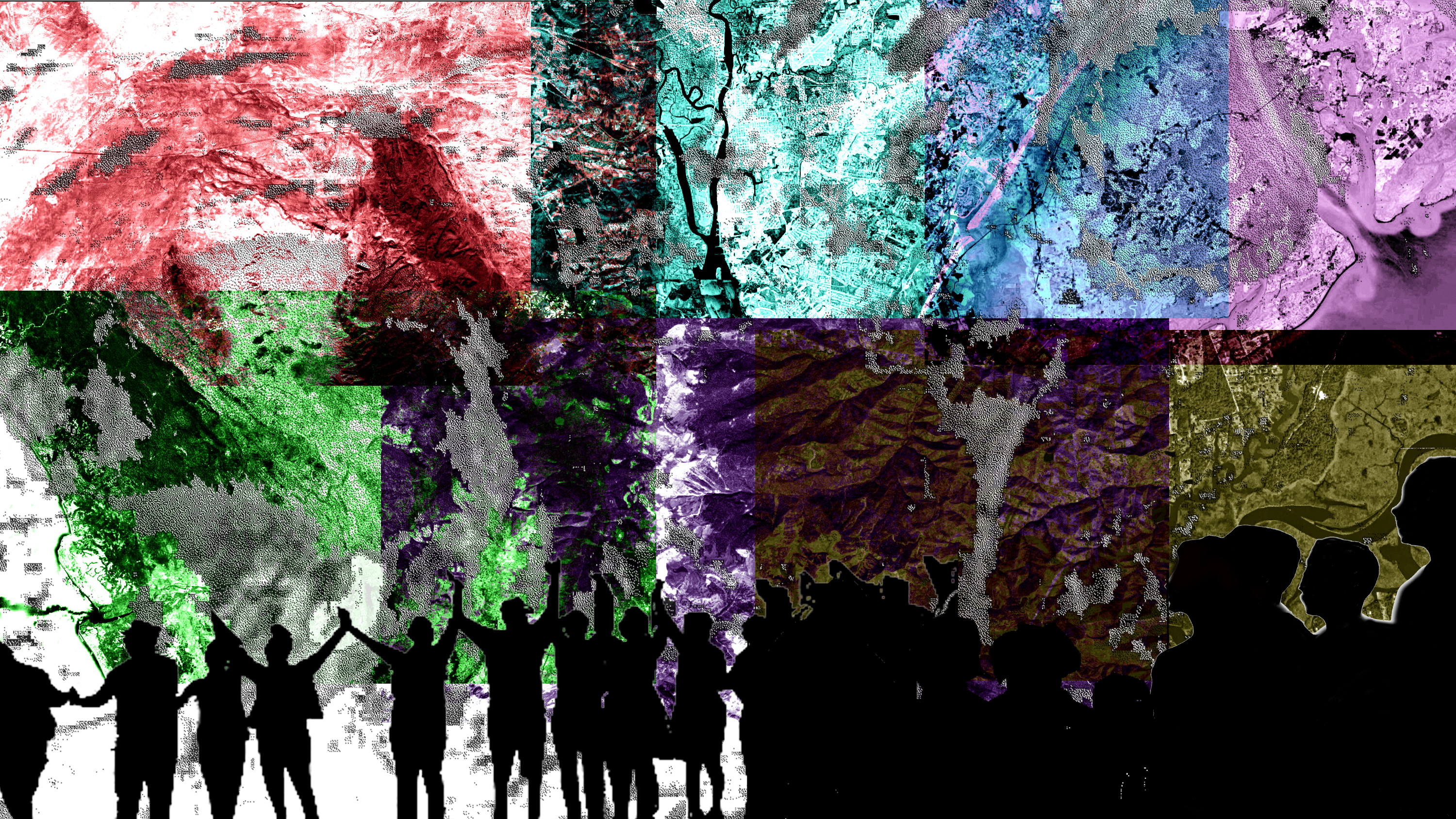 A collage of colorful topographic images with black silhouettes of people holding hands along the bottom of the frame