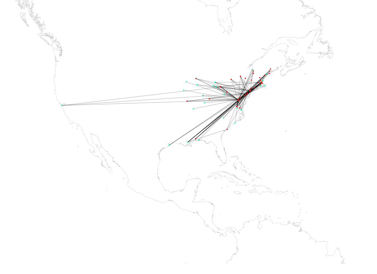 Outbound Correspondences from the Office for 1855, showing locations of recipients (red) and locations of projects mentioned (teal). Illustration by author.